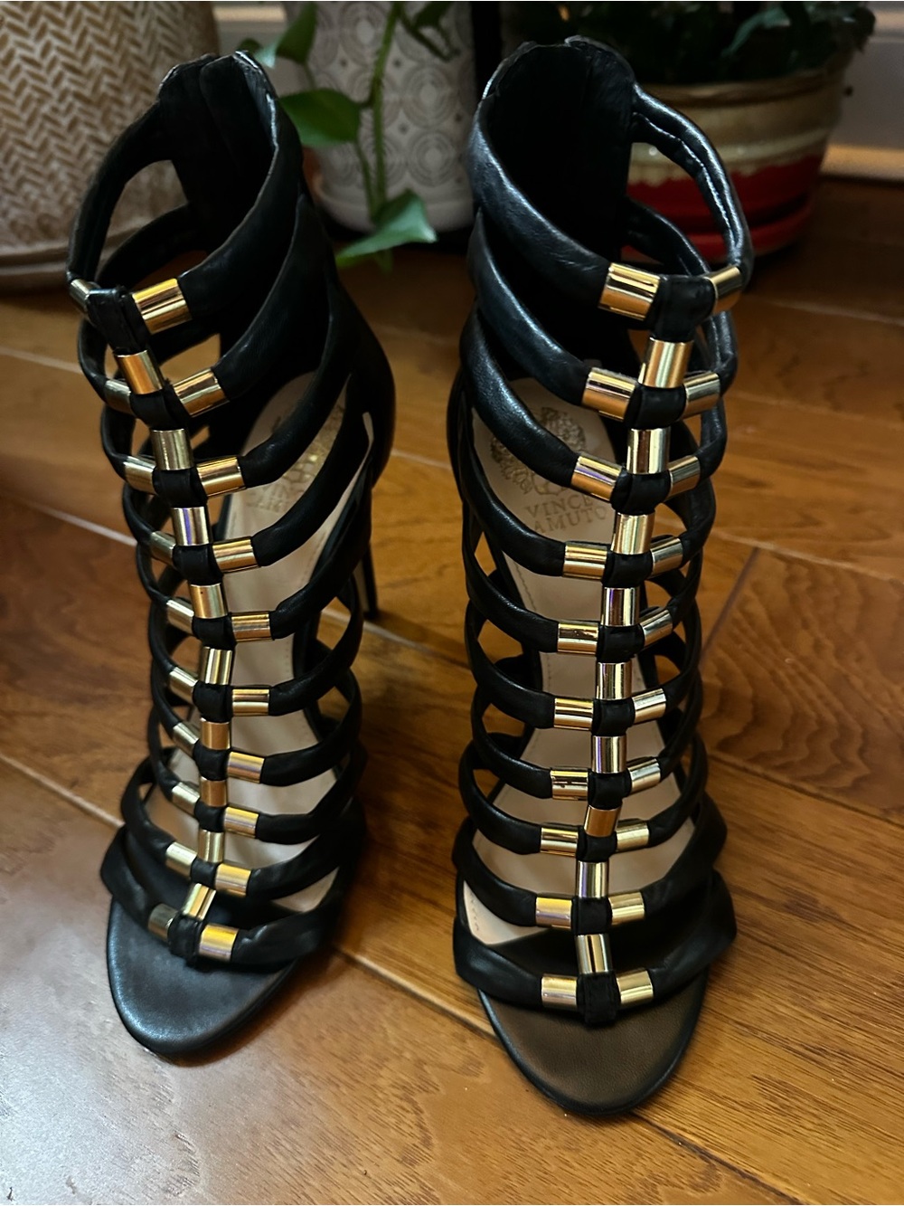 Vince Camuto leather Black Strappy High-Heel with Gold Accents NW BOX